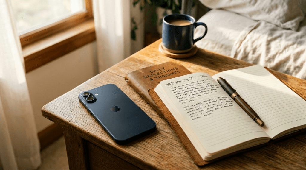 Open journal with pen, closed leather notebook titled Daily Reflections & Thoughts, cup of coffee, and black iPhone on wooden table