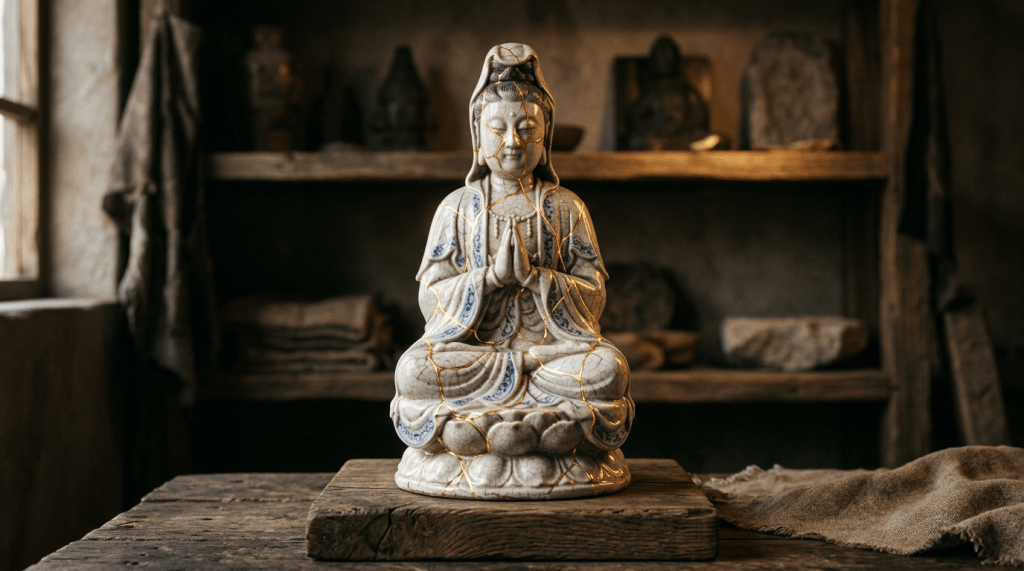 Ceramic meditative Buddha statue with golden kintsugi lines on rustic wooden table