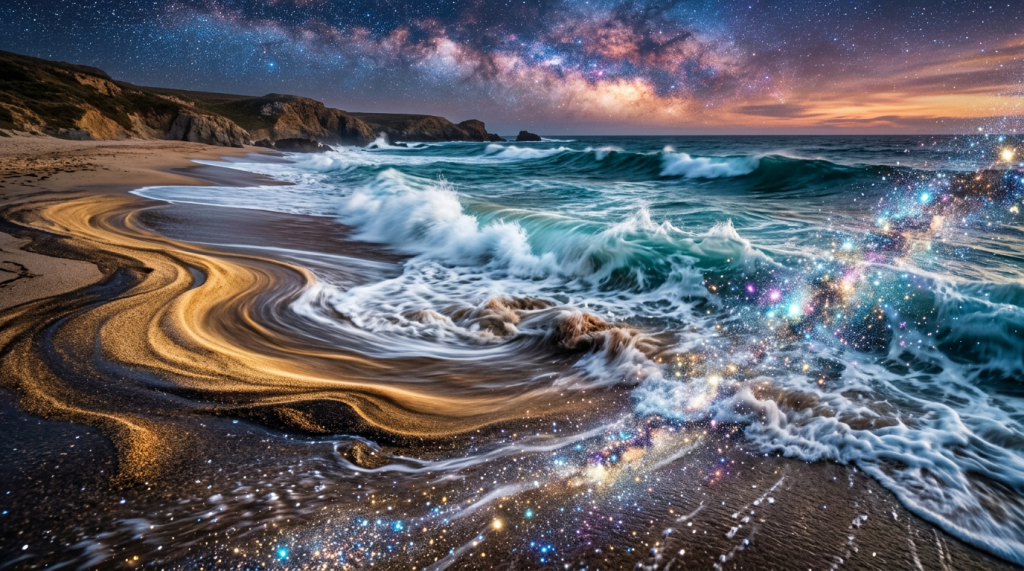 Beach waves with swirling golden sand and sparkling cosmic lights under a star-filled sky